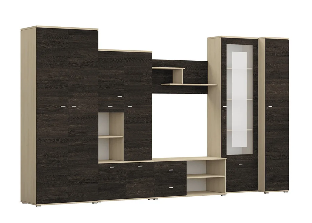 Didelė tamsiai rudos ir šviesiai rudos spalvos talpi sekcija Ars su TV niša ir virtina