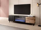 Tai modernus TV staliukas su integruotu elektriniu židiniu, derinantis natūralios medienos fanerą ir juodus dekoratyvinius elementus.Jo minimalistinis dizainas kartu su židinio funkcija suteikia ne tik praktiškumo, bet ir jaukumo bei estetikos bet kokiam gyvenamajam kambariui.