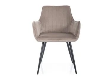 Apple Velvet kėdė su prabangiu smėlio spalvos veliūriniu audiniu bei matinio juodo metalo rėmu. Ergonomiškas baldo dizainas – idealus moderniam interjerui, suteikiant jaukumo ir elegancijos.