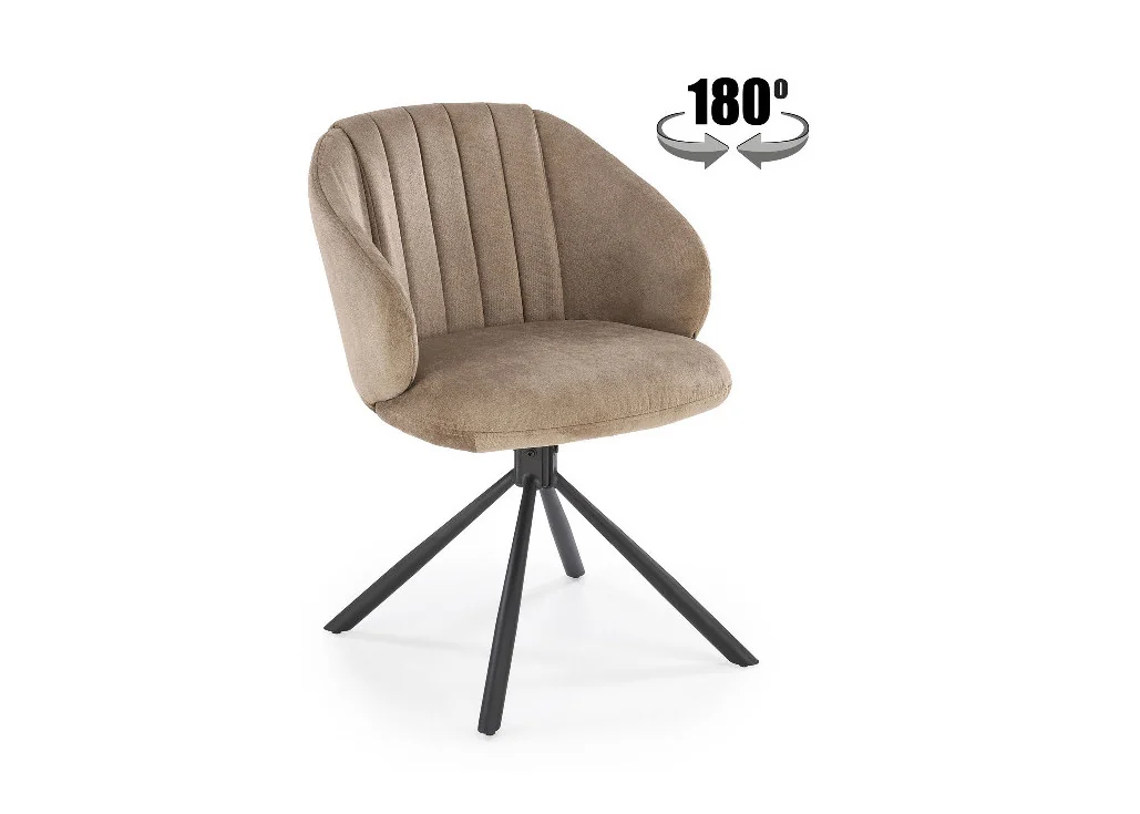 Minkšta tamsaus kapučino spalvos K533 kėdė su juodomis kojelėmis ir 180° pasukimo galimybe – tai elegancija ir patogumas viename.
