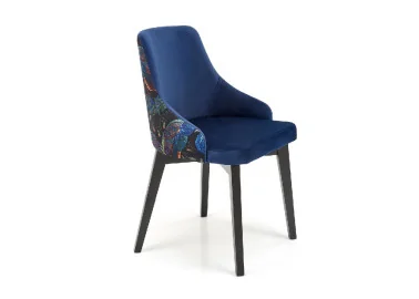 Elegantiška mėlyna kėdė ENDO su raštais. Patogus atlošas, stilingos juodos kojos ir subtilūs raštai.