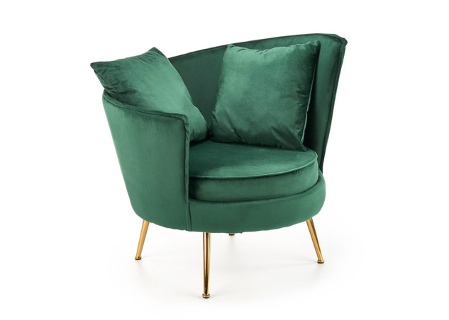 Glamūrinio stiliaus fotelis Almond su dviem pagalvėlėmis ir aukso spalvos kojelėmis.