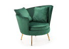 Glamūrinio stiliaus fotelis Almond su dviem pagalvėlėmis ir aukso spalvos kojelėmis.