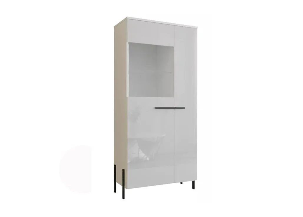 modernaus dizaino vitrina baltos ir juodos spalvos su aukštom kojelėm.