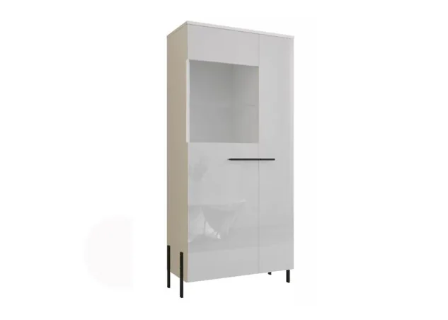 modernaus dizaino vitrina baltos ir juodos spalvos su aukštom kojelėm.