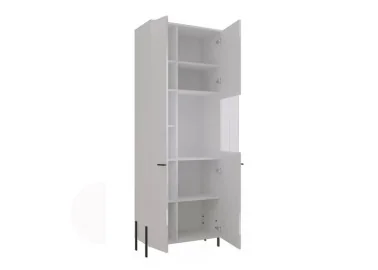 modernaus dizaino vitrina baltos ir juodos spalvos su aukštom kojelėm.