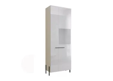 modernaus dizaino vitrina baltos ir juodos spalvos su aukštom kojelėm.