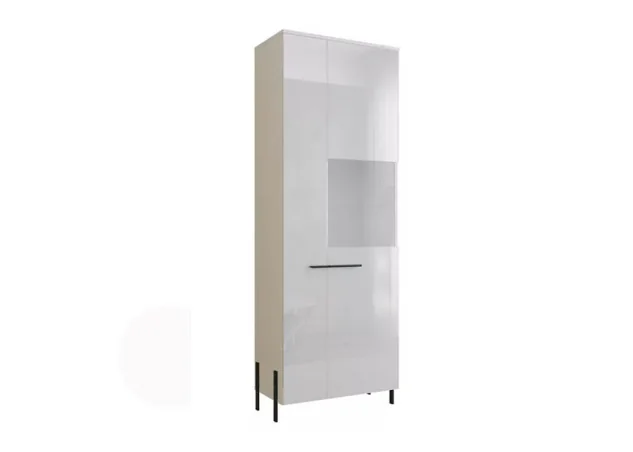 modernaus dizaino vitrina baltos ir juodos spalvos su aukštom kojelėm.