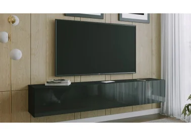 modernaus dizaino ant sienos kabinama TV spintelė juodos spalvos