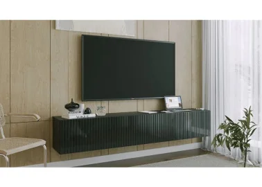 modernaus dizaino ant sienos kabinama TV spintelė juodos spalvos