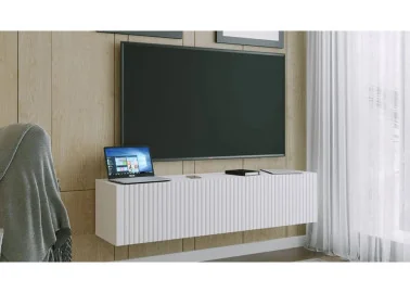 modernaus dizaino ant sienos kabinama TV spintelė baltos spalvos