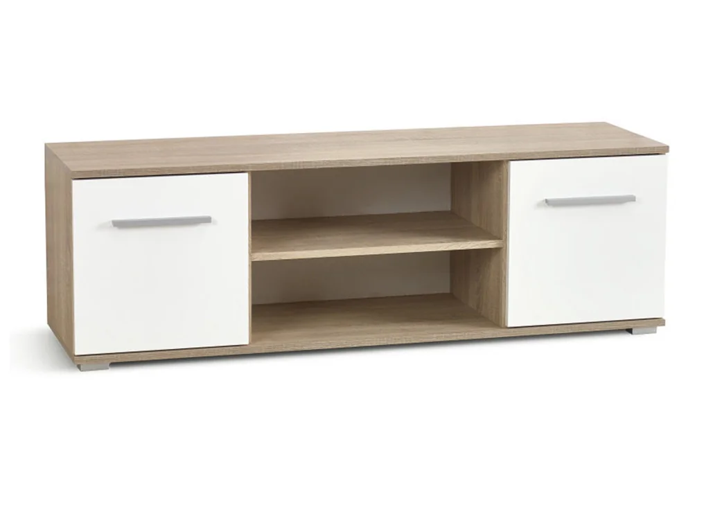 Tai minimalistinio dizaino TV staliukas su dvejomis šoninėmis spintelėmis ir dviem atviromis lentynomis, puikiai tinkantis modernioms svetainėms.