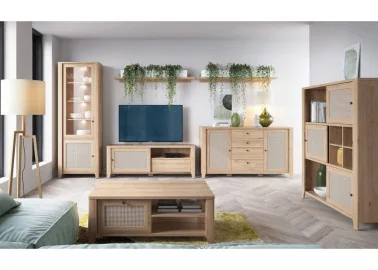 Vitrina rudos spalvos su rotango imitacijos fasadais, itin derės boho stiliaus interjere.
