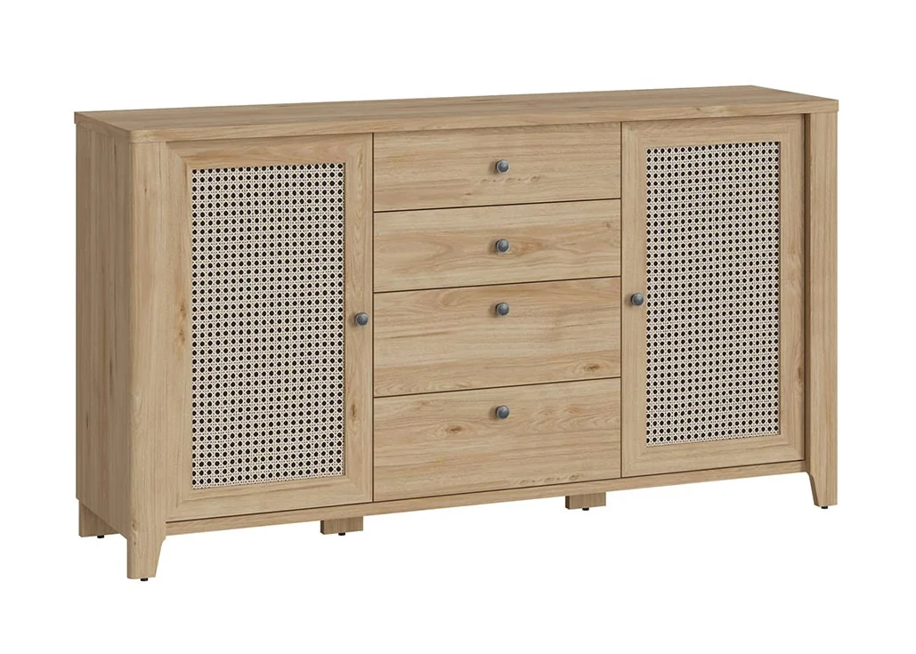 Komoda rudos spalvos su rotango imitacijos fasadais, itin derės boho stiliaus interjere.
