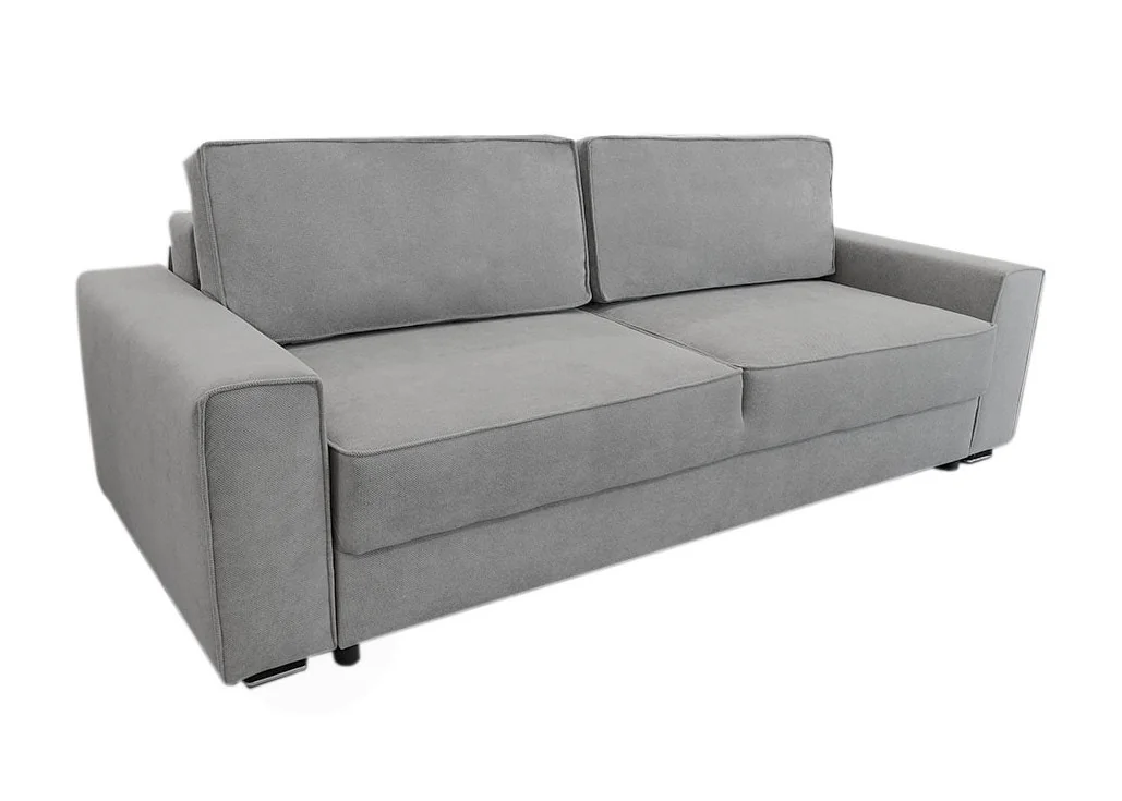 Minimalistinio dizaino pillkos spalvos sofa-lova su plačia miegamąja dalimi ir dėže patalynei.