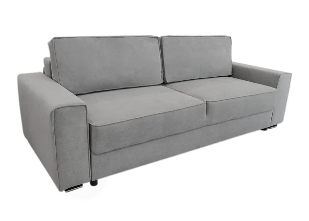 Minimalistinio dizaino pillkos spalvos sofa-lova su plačia miegamąja dalimi ir dėže patalynei.