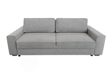Minimalistinio dizaino pillkos spalvos sofa-lova su plačia miegamąja dalimi ir dėže patalynei.