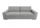 Minimalistinio dizaino pillkos spalvos sofa-lova su plačia miegamąja dalimi ir dėže patalynei.