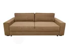 Minimalistinio dizaino rudos spalvos sofa-lova su plačia miegamąja dalimi ir dėže patalynei.