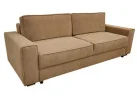 Minimalistinio dizaino rudos spalvos sofa-lova su plačia miegamąja dalimi ir dėže patalynei.