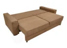 Minimalistinio dizaino rudos spalvos sofa-lova su plačia miegamąja dalimi ir dėže patalynei.