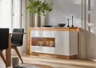 Modernaus dizaino vitrina baltos blizgios ir rudos Riviera ąžuolo spalvos su LED apšvietimu.