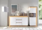 Modernaus dizaino komoda baltos blizgios ir rudos Riviera ąžuolo spalvos su LED apšvietimu.