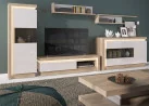 Modernaus dizaino tv staliukas baltos blizgios ir rudos Riviera ąžuolo spalvos su LED apšvietimu.