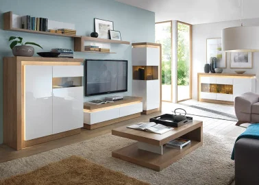 Modernaus dizaino tv staliukas baltos blizgios ir rudos Riviera ąžuolo spalvos su LED apšvietimu.