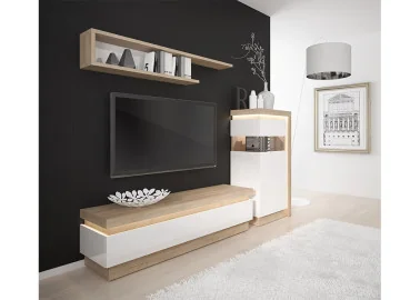 Modernaus dizaino tv staliukas baltos blizgios ir rudos Riviera ąžuolo spalvos su LED apšvietimu.
