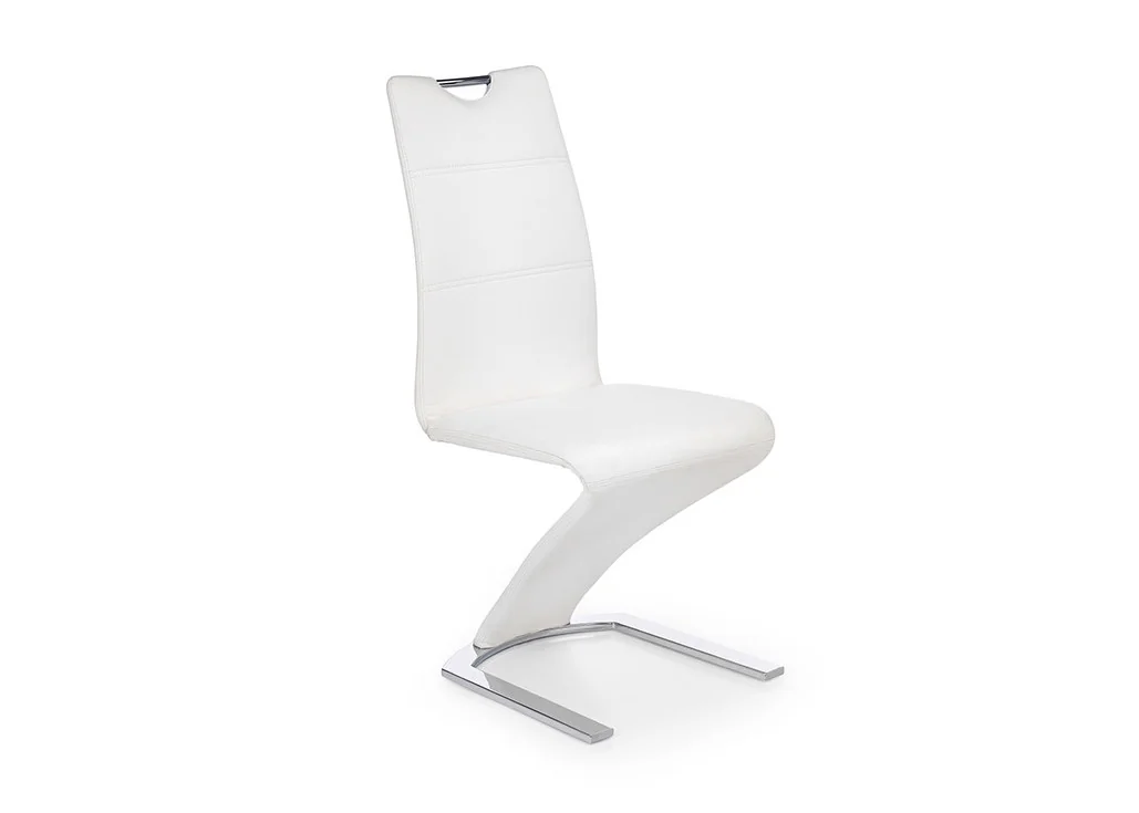 Moderni kėdė K188 su chromuotu metalo rėmu ir baltais eko odos apmušalais. Puikiai dera šiuolaikiniame interjere, tinkama tiek valgomajam, tiek biurui. Ergonomiška, lengvai perkeliamas dizainas ir ilgaamžė konstrukcija.