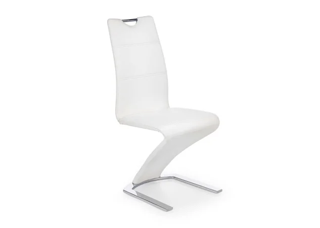 Moderni kėdė K188 su chromuotu metalo rėmu ir baltais eko odos apmušalais. Puikiai dera šiuolaikiniame interjere, tinkama tiek valgomajam, tiek biurui. Ergonomiška, lengvai perkeliamas dizainas ir ilgaamžė konstrukcija.
