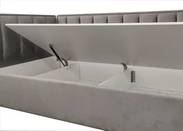 Pilkos spalvos lova KAI-ETN-MIN - elegantiško dizaino viengulė funkcionali lova su patalynės dėže. Skirta 90x200 cm čiužiniui.
