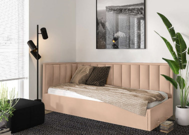 Kreminės spalvos lova KAI-ETN-MIN-2 - elegantiško dizaino viengulė funkcionali lova su patalynės dėže. Skirta 90x200 cm čiužiniui.