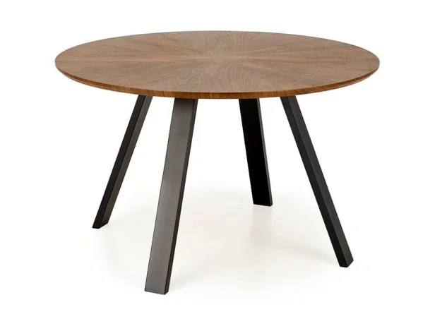 Apvalus stalas DANILO su rudu riešuto spalvos stalviršiu ir juodomis  kojelėmis.