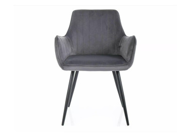 Apple Velvet kėdė su prabangiu pilkos spalvos veliūriniu audiniu bei matinio juodo metalo rėmu. Ergonomiškas baldo dizainas – idealus moderniam interjerui, suteikiant jaukumo ir elegancijos.