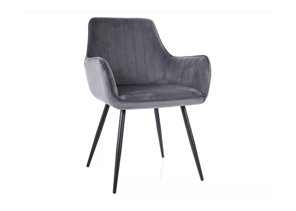 Apple Velvet kėdė su prabangiu pilkos spalvos veliūriniu audiniu bei matinio juodo metalo rėmu. Ergonomiškas baldo dizainas – idealus moderniam interjerui, suteikiant jaukumo ir elegancijos.