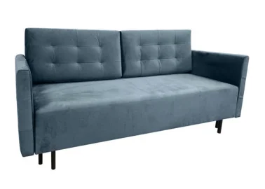 Mėlynos spalvos lietuvių gamybos sofa lova, pagaminta iš aukščiausios kokybės veliūrinio audinio. Sofa su miegojimo funkcija ir patalynės dėže