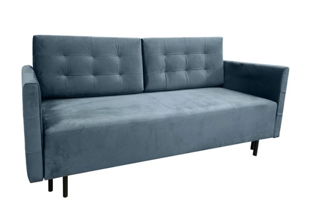 Mėlynos spalvos lietuvių gamybos sofa lova, pagaminta iš aukščiausios kokybės veliūrinio audinio. Sofa su miegojimo funkcija ir patalynės dėže