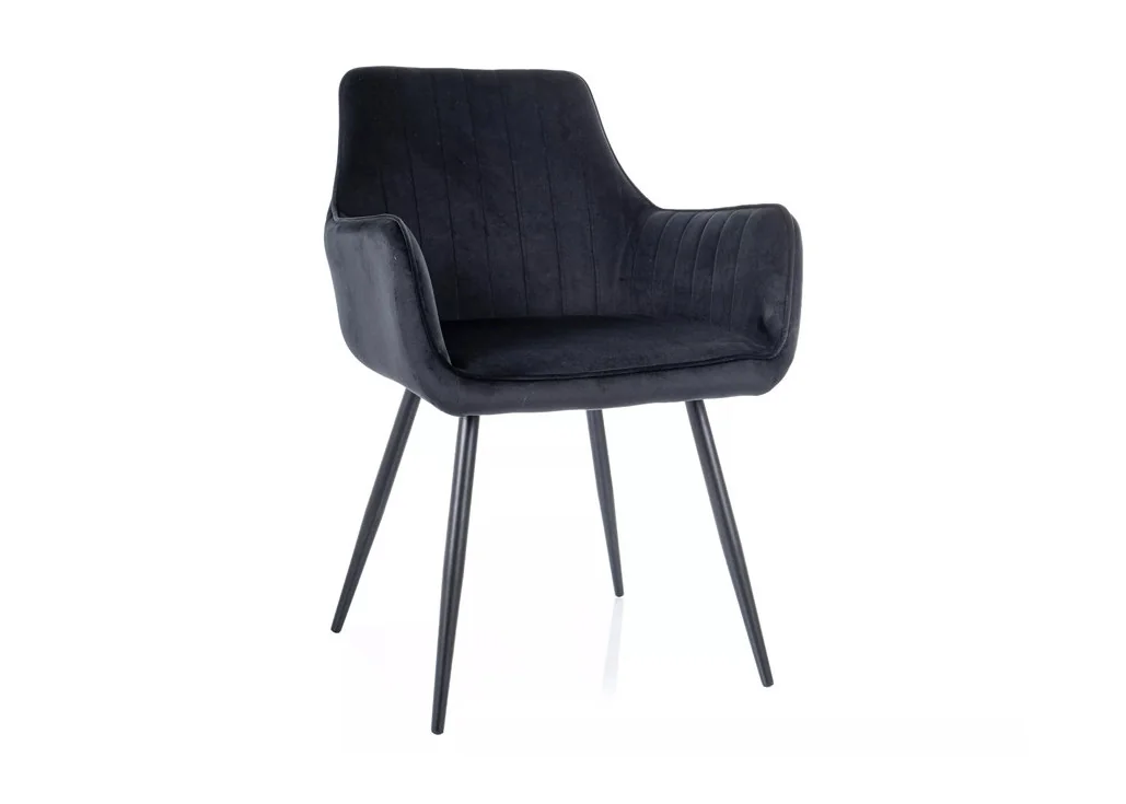 Apple Velvet kėdė su prabangiu juodos spalvos veliūriniu audiniu bei matinio juodo metalo rėmu. Ergonomiškas baldo dizainas – idealus moderniam interjerui, suteikiant jaukumo ir elegancijos.