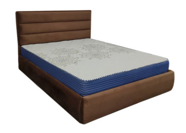Rudos spalvos veliūrinė dvigulė elegantiško dizaino lova KAI-ADE su patalynės dėže, kietu dugnu ir natūralios medienos grotelėmis. Lova skirta 160x200 cm čiužiniui.