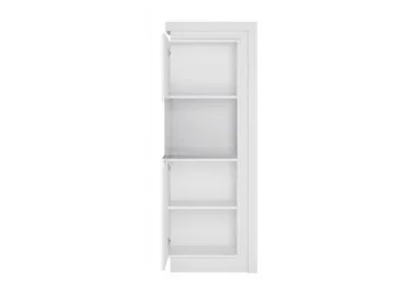 Modernaus dizaino vitrina baltos blizgios spalvos su LED apšvietimu.