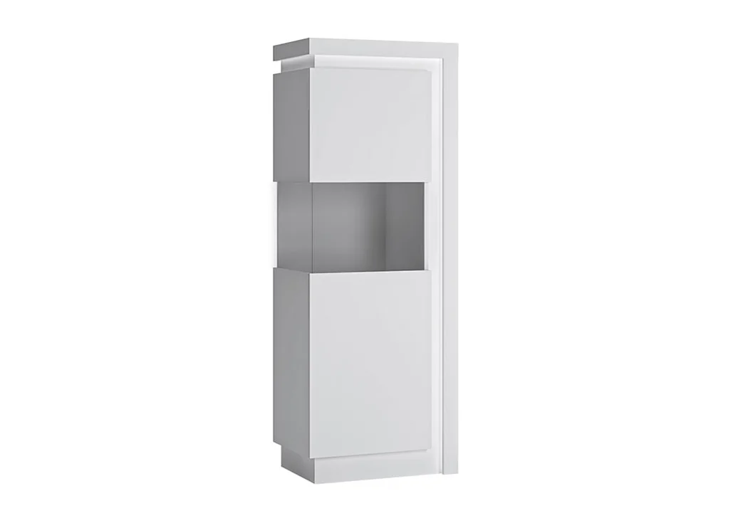 Modernaus dizaino vitrina baltos blizgios spalvos su LED apšvietimu. Modernaus dizaino vitrina baltos blizgios spalvos su LED apšvietimu.