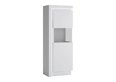 Modernaus dizaino vitrina baltos blizgios spalvos su LED apšvietimu.