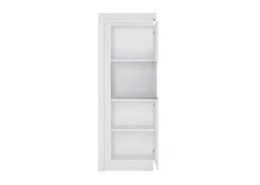 Modernaus dizaino vitrina baltos blizgios spalvos su LED apšvietimu.