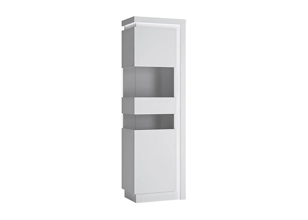 Modernaus dizaino vitrina baltos blizgios spalvos su LED apšvietimu.