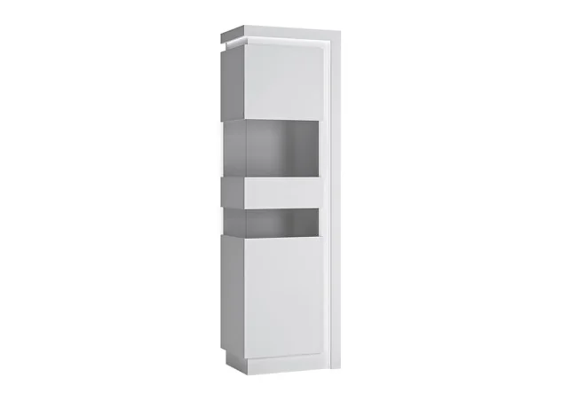Modernaus dizaino vitrina baltos blizgios spalvos su LED apšvietimu.