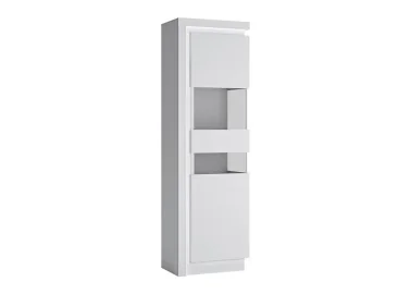 Modernaus dizaino vitrina baltos blizgios spalvos su LED apšvietimu.