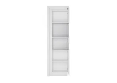 Modernaus dizaino vitrina baltos blizgios spalvos su LED apšvietimu.