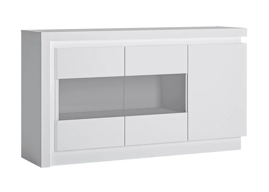 Modernaus dizaino vitrina baltos blizgios spalvos su LED apšvietimu.